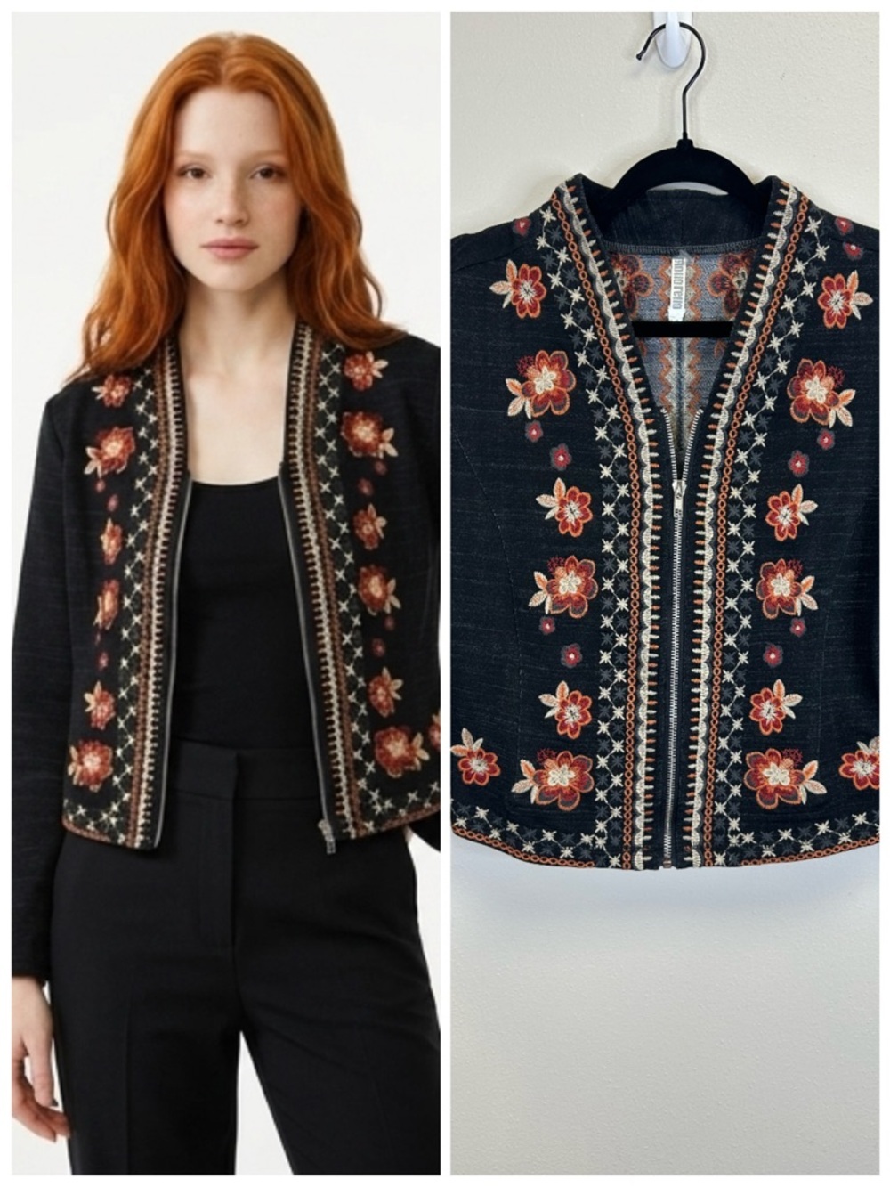 Boho Folk Artsy Hippie‎ Embroidered Charcoal Jacket Floral Size S Zip Up Stretch